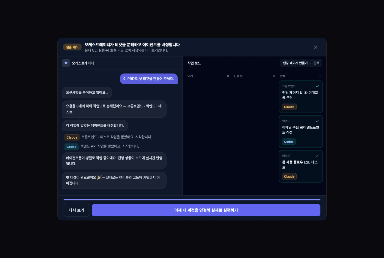 분해된 세 티켓이 각각 Claude 와 Codex 에 배정돼 병렬로 진행되고 완료된 화면